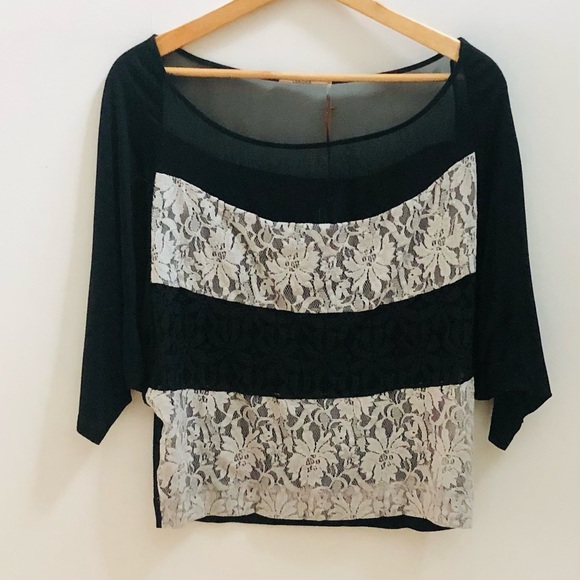 NWT Language Black & Ivory Lace Short Sleeve Top S - Picture 1 of 5